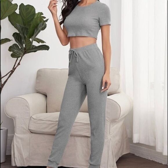 Rib Knit Cropped Top PJ/Lounge Set     - Picture 4 of 4